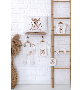 Pia Baby Premium %100 Pamuk İsme Özel Kız Bebek Hediye Seti Zıbın Yastık Kılıfı 5034-06 (Ekru)
