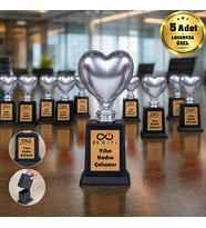 Logonuza Özel 5 Adet Gümüş Renk Kalpli Mesajlı Gizli Bölmeli Ödül Kupası Seti
