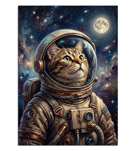 Astronot Kedi Uzay Kasklı Portre Dekoratif Kanvas - Mdf Ahşap Tablo
