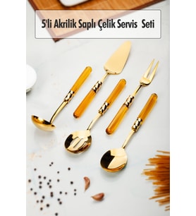5 Parça Gold Servis Seti & Servis Sunum Seti Amber ( Kepçe / Kevgir / Sıpatula / Çatal / Kaşık )