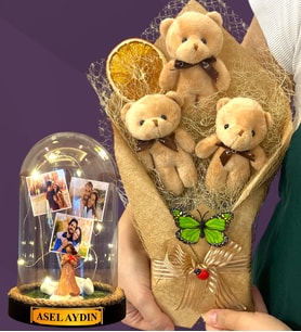 Kişiye Özel Led Işıklı Fanus ve Kahve Peluş Ayıcık Buketi - Premium Hediye Seti (Model 9)