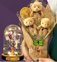 Kişiye Özel Led Işıklı Fanus ve Kahve Peluş Ayıcık Buketi - Premium Hediye Seti (Model 9)