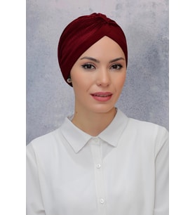 Bordo Pratik Hazır Geçmeli Tesettür Bone Fukuro Sandy Kumaş Büzgülü 1831_16