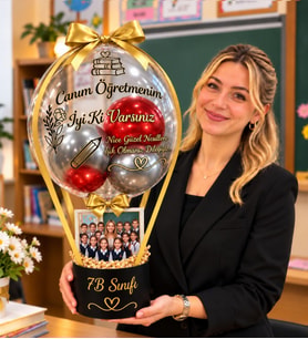Işıklı & Fotograflı Kişiye Özel Fotoğraflı Öğretmenler Günü Balon Kutusu – İsim Yazılı, siyah ve gri Tasarım