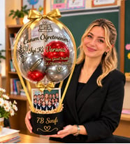 Işıklı & Fotograflı Kişiye Özel Fotoğraflı Öğretmenler Günü Balon Kutusu – İsim Yazılı, siyah ve gri Tasarım