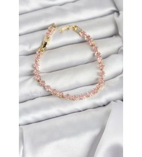 Pembe Kare Zirkon Taşlı Gold Renk Pirinç Su Yolu Kadın Bileklik 5886