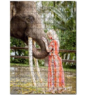 Cakapuzzle Yöresel Kıyafetli Kız ve Dev Dişleriyle Fil Puzzle Yapboz MDF (Ahşap) (120 Parça)