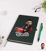 BK Gift Kişiye Özel Erkek Patron Karikatürlü Yeşil Termo Deri Defter Kalem Seti Model 1