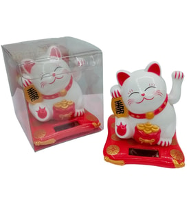 Maneki Neko El Sallayan Şans Kedisi Büyük Beyaz Solar Güneş Enerjili 10cm