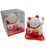 Maneki Neko El Sallayan Şans Kedisi Büyük Beyaz Solar Güneş Enerjili 10cm