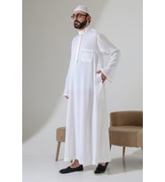 Erkek Hac ve Umre Kıyafeti Hakim Yaka Uzun Dubai Krep Cellabiye Fistan - Beyaz