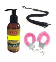 Pembe Fantezi Peluş Kelepçe+Siyah Kırbaç+Erotik Masaj Yağı