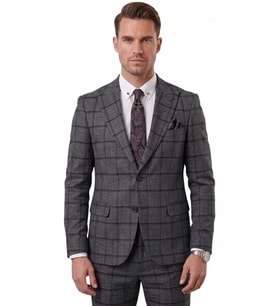 DeepSEA Lacivert Kare Desenli Slim Fit Erkek Takım Elbise – Çift Düğme Çift Yırtmaç 2’li Takım 2601812