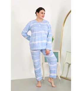 Kadın Büyük Beden Uzun Kol Penye Pijama Takımı Mavi