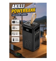 LED Ekranlı 4 Çıkışlı Powerbank – Çoklu Kablo ve Fener Özellikli