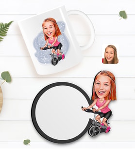 BK Gift Kişiye Özel Kadın Fitness Sporcusu Karikatürlü Beyaz Kupa ve Ahşap Bardak Altlığı Hediye Seti-1