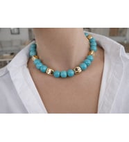 Luna Yaz Koleksiyonu 40 cm 12 mm Doğal Firuze Altın Kaplama Özel Tasarım Choker Kolye (Mavi)