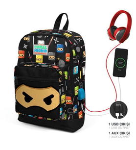 Coral High Kids Siyah Ninja Desenli Dört Bölmeli USB Şarjlı Kulaklık Çıkışlı Okul Sırt Çantası 23285