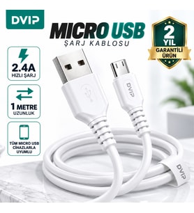 DVIP S01M 6A 67W Fast Charging UsbA to Micro Data ve Hızlı Şarj Kablosu 1M Beyaz