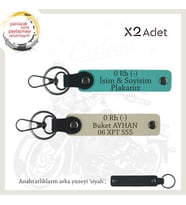 Motor Sürücüsüne, İsim Plaka ve 0 Rh (-) Kan Grubu Yazılı x2 Anahtarlık Set, K Turkuaz-S Kahve-Syh (Çok Renkli)