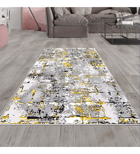 Gri Batik Desenli Hardal Detay Yıkanabilir Kaymaz Taban Leke Tutmaz Modern Salon Halısı ve Yolluk (Sarı)