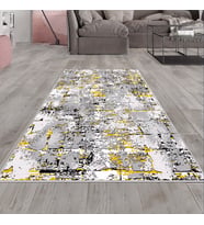 Gri Batik Desenli Hardal Detay Yıkanabilir Kaymaz Taban Leke Tutmaz Modern Salon Halısı ve Yolluk (Sarı)