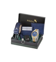 Polo Air Takvimli Erkek Kol Saati Cüzdan Kemer Kartlık Anahtarlık Çakmak Seti Gümüş Gold Lacivert Renk PL-7074E7 (Lacivert - Beyaz - Altın Rengi)