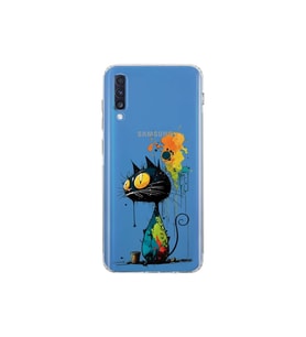 Samsung Galaxy A70S ile Uyumlu Splash Kedi Tasarımlı Şeffaf Silikon Kılıf