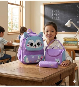 Sevimli Kedi İlkokul Çanta Seti Mor Unisex