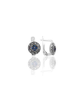Söğütlü Silver Gümüş  markazit ve safir taşlı yuvarlak  küpe