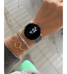 Çift Saati Çift Gümüş Çelik Kordon Analog Kadın Erkek Kol Saati