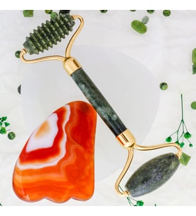 Yeşim Tırtıklı Roller ve Kırmızı Akik Kaz Ayağı Gua Sha Takımı (Karışık)