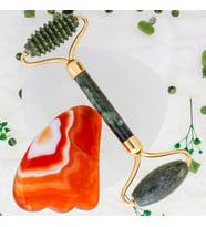 Yeşim Tırtıklı Roller ve Kırmızı Akik Kaz Ayağı Gua Sha Takımı (Karışık)
