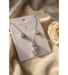 Northcity 316L Çelik Zincir Gümüş Renk Zirkon Taşlı Damla Model Kadın Kolye Küpe Seti