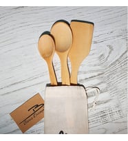 Barış Dizayn Kayın Ağacı 3lü Ham Bez Keseli Doğal Tahta Kaşık Spatula Seti - Cilalı (30-27-23cm)
