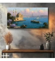 Yatay Panoramik Kanvas Tablo Ortaköy Camii İstanbul Boğazı Manzara Tablosu Ev Ofis Duvar Dekoru