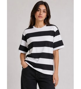 Çizgili Oversize Tişört Bisiklet Yaka Kısa Kol Yazlık T-Shirt - Siyah
