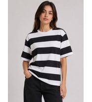 Çizgili Oversize Tişört Bisiklet Yaka Kısa Kol Yazlık T-Shirt - Siyah