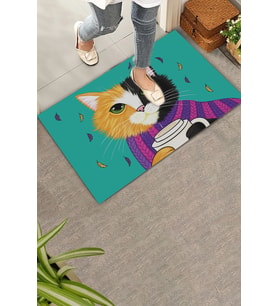 Valerine Life Kahve Düşkünü Relaks Kedi Yeşil Welcome Hoş Geldiniz Kapı Önü Paspası 45x70cm