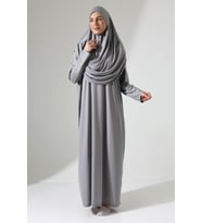 Başörtülü Tek Parça Namaz Elbisesi - Gri - 5015