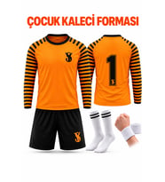 Çocuk Kaleci Forması Takımı Turuncu Şortlu Takım Uzun Kol 4 Parça Forma+Şort+Çorap+Bileklik