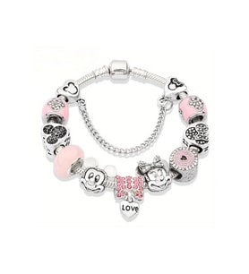 Yeni Tarz ,Mickey ve Minnie Mause Pembe , Sevgi Charmlı Bİleklik, Ahşap Kutu İçerisinde