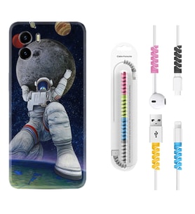 Vivo Y15S Y32 Y33S Y51 Y53S Kılıf Kablo Koruma Spiral Silikon Astronot ve Dünya 1759