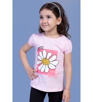 Toontoy Kız Çocuk Papatya Baskılı Taş İşlemeli Tişört (Pembe)