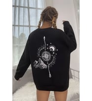 Unisex Pusula Sırt Baskılı Bisiklet Yaka Sweatshirt (Siyah)