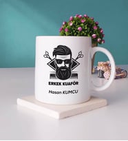 Erkek Kuaförü Tasarımlı Kişiye Özel Hediye Erkek Kuaförü Kupa Bardak ve Taş Bardak Altlığı Hediye Seti