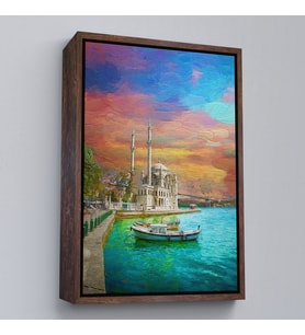 Çerçeveli Ortaköy Cami Ve Boğaz Köprüsü Yağlıboya Görünüm Kanvas Duvar Tablosu (Beyaz)
