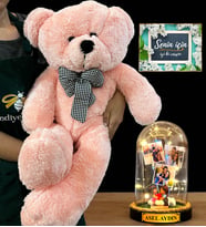 Size Özel İsimli Premium Set - Büyük Boy Pembe Peluş Ayıcık ve İsimli 3 Fotoğraflı Led Işıklı Fanus (Model 10)
