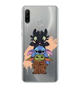 Huawei P30 Lite Uyumlu Sevimli Baby Yoda ve Stitch Desenli Şeffaf Telefon Kılıfı