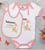 BK Kids Kişiye Özel Babasının Aslanı Tasarımlı Pembe Bebek Body Zıbın ve Mama Önlüğü Hediye Seti